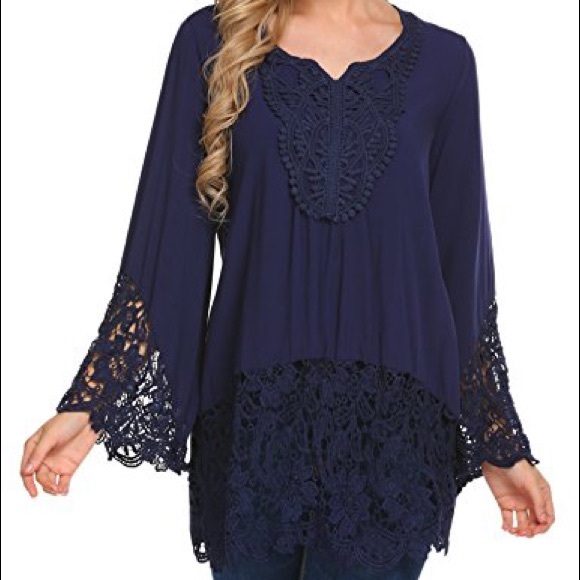 Anthropologie Lace Flare Sleeve Blouse Blue Small - Picture 3 of 14